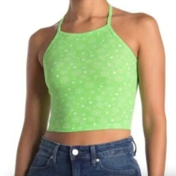 BP Halter Crop Top Neon Green Frosty Follard Floral Print Casual Neutral - Picture 1 of 9